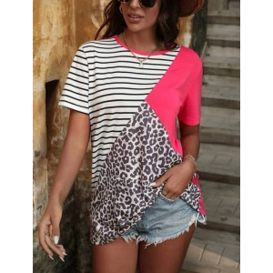 Kadın Süprem Kumaş Leopar Desenli Ve Cizgili Oversize Bluz