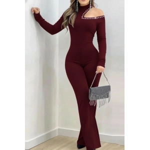 Kadın Tek Omuzdan Açık Balıkçı Yaka Taş Detaylı Uzun Ithal Krep Tulum