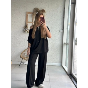 Kadın Tek Omuzdan Açık Geniş Kesim Viskon Iki Iplik Bluz Ve Pantolon Ikili Takım