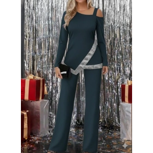 Kadın Tek Omuzdan Açık Uzun Kollu önü Pulpayet Ithal Krep Bluz Ve Pantolon