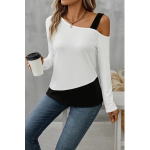 Kadın Tek Omuzu Açık Askılı çift Renkli Uzun Kollu Viskon Bluz