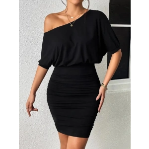 Kadın Tek Omuzu Açık Büzgülü Kısa Sandy Elbise