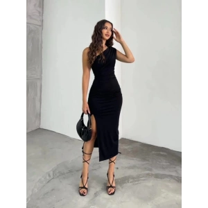 Kadın Tek Omuzu Açık Büzgülü Yandan Yırtmaçlı Uzun Sandy Elbise