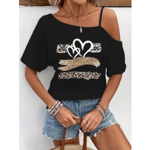 Kadın Tek Omuzu Açık Ip Askılı Baskılı Viskon Bluz