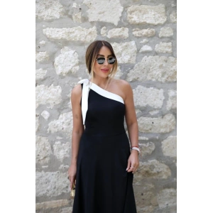 Kadın Tek Omuzu Açık Omuzlardan Kurdela Detaylı çift Renkli Ithal Krep Elbise