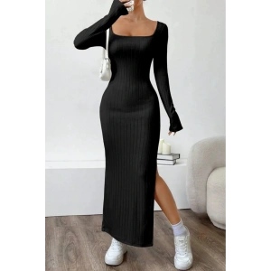 Kadın Trend U Yaka Yırtmaçlı Uzun Kol Kalın Fitili Elbise