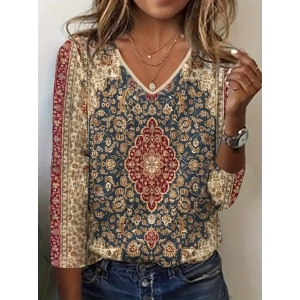 Kadın Truvakarkollu V Yakalı Etnik Desenli Süprem Bluz