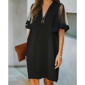 Kadın Tüllü Kısa Kollu V Yaka Krep Elbise