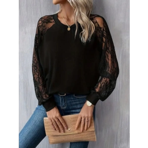 Kadın Uzun Dantel Kollu Bisiklet Yaka Viskon Bluz