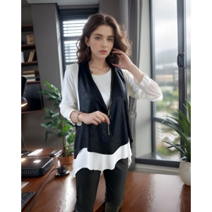 Kadın Uzun Kol Asimetrik Kesim Viskon Bluz Ve çatlak Deri Görünümlü Fermuar Detaylı Yelek Ikili Takım