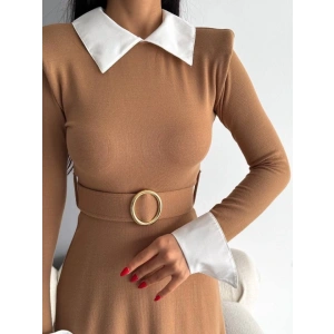 Kadın Uzun Kol Gömlek Yaka Ve Vatka Detay Kemer Dahil Midi Boy Elbise