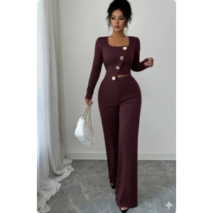 Kadın Uzun Kol Kare Yaka Asimetrik Düğme Detay Bluz Ve Yüksek Bel Pantolon Ikili Takım
