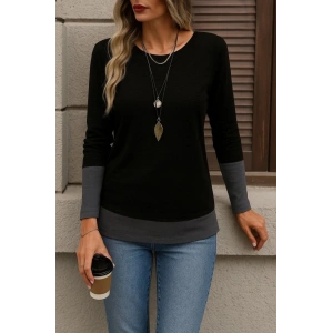 Kadın Uzun Kollu Açık Yuvarlak Yaka Blok Renkli Viskon Bluz