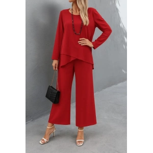 Kadın Uzun Kollu Asimetrik Detaylı Salaş Sandy Bluz Ve Pantolon Ikili Takım