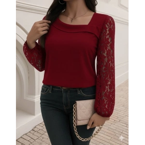Kadın Uzun Kollu Asimetrik Yakalı Dantelli Ithal Krep Bluz