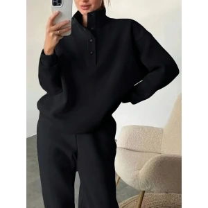 Kadın Uzun Kollu Balıkçı Dik Yakalı Düğmeli üç Iplik Bluz Ve Pantolon Ikili Takım