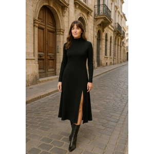 Kadın Uzun Kollu Balıkçı Yaka Derin Yırtmaç Detay Krep Elbise 120 Cm