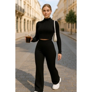 Kadın Uzun Kollu Balıkçı Yaka Krop Ve Pantolon şardonlu Kaşkorse Ikili Takım