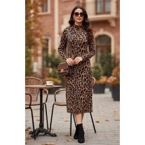 Kadın Uzun Kollu Balıkçı Yaka Leopar Desenli Midi Boy Elbise