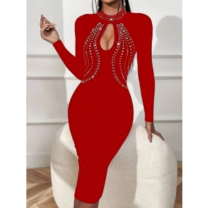 Kadın Uzun Kollu Balıkçı Yaka Taşlı Damla Detay Midi Ithal Krep Elbise