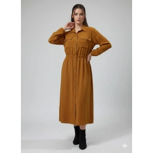 Kadın Uzun Kollu Beli Lastik Ve Düğme Detay Gömlek Elbise