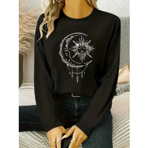 Kadın Uzun Kollu Bisiklet Yaka Ay Baskılı Viskon Bluz