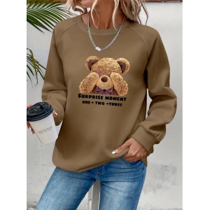 Kadın Uzun Kollu Bisiklet Yaka Ayıcık Desenli Viskon Iki Iplik Bluz