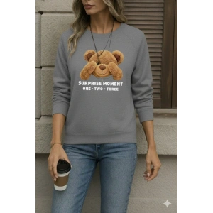 Kadın Uzun Kollu Bisiklet Yaka Ayıcık Desenli Viskon Iki Iplik Bluz