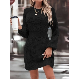 Kadın Uzun Kollu Bisiklet Yaka Balon Kol Bel Lastik Detay Triko Mini Boy Elbise