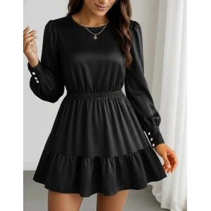 Kadın Uzun Kollu Bisiklet Yaka Beli Lastikli Fırfırlı Ithal Krep Elbise