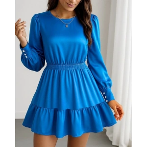 Kadın Uzun Kollu Bisiklet Yaka Beli Lastikli Fırfırlı Ithal Krep Elbise