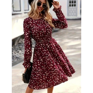 Kadın Uzun Kollu Bisiklet Yaka Beli Lastikli Midi Süprem Elbise