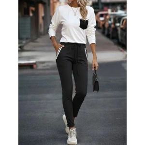 Kadın Uzun Kollu Bisiklet Yaka Cepli Viskon Iki Iplik Bluz Ve Pantolon Ikili Takım