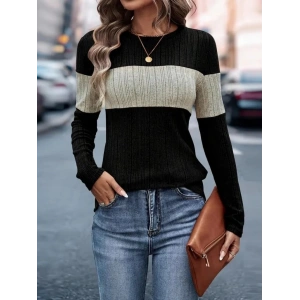 Kadın Uzun Kollu Bisiklet Yaka çift Renkli Triko Bluz