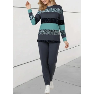 Kadın Uzun Kollu Bisiklet Yaka çizgili Desen Iki Iplik Bluz Ve Pantolon Ikili Takım