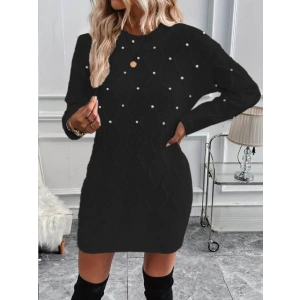 Kadın Uzun Kollu Bisiklet Yaka Desenli Triko Elbise