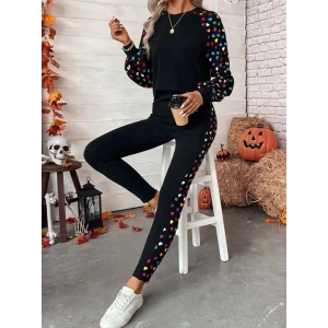 Kadın Uzun Kollu Bisiklet Yaka Desenli Viskon Iki Iplik Bluz Ve Pantolon Ikili Takım