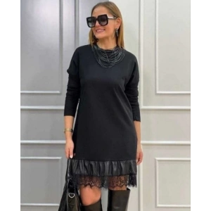 Kadın Uzun Kollu Bisiklet Yaka Etek Ucu Deri Dantelli Viskon Iki Iplik Midi Elbise