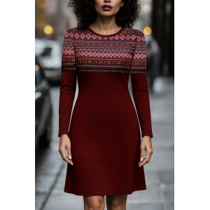 Kadın Uzun Kollu Bisiklet Yaka Etnik Desenli Kısa şardonlu Dalgıç Elbise