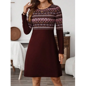 Kadın Uzun Kollu Bisiklet Yaka Etnik Desenli Kısa şardonlu Dalgıç Elbise