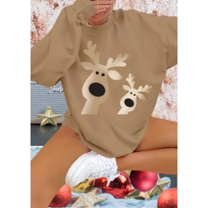 Kadın Uzun Kollu Bisiklet Yaka Geyik Desenli Viskon Iki Iplik Bluz