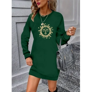 Kadın Uzun Kollu Bisiklet Yaka Güneş Desenli Viskon Iki Iplik Elbise