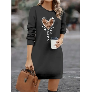 Kadın Uzun Kollu Bisiklet Yaka Kalp Desenli Kısa Viskon Elbise