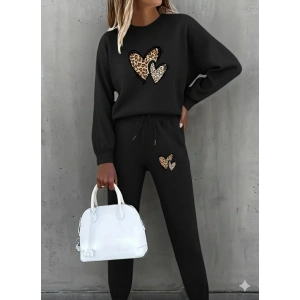 Kadın Uzun Kollu Bisiklet Yaka Kalp Desenli şardonlu üç Iplik Bluz Ve Pantolon Ikili Takım