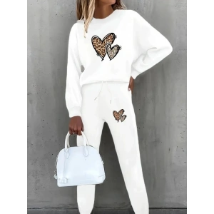 Kadın Uzun Kollu Bisiklet Yaka Kalp Desenli şardonlu üç Iplik Bluz Ve Pantolon Ikili Takım