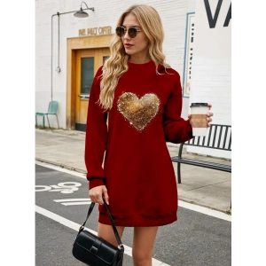 Kadın Uzun Kollu Bisiklet Yaka Kalp Desenli Viskon Iki Iplik Bluz