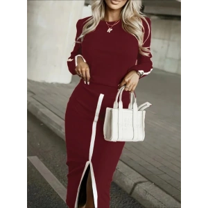 Kadın Uzun Kollu Bisiklet Yaka Kaşkorse Bluz Ve Yırtmaçlı Etek Ikili Takım