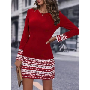 Kadın Uzun Kollu Bisiklet Yaka Kol Ağzı Ve Etek Ucu Baskılı Iki Iplik Elbise