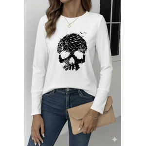 Kadın Uzun Kollu Bisiklet Yaka Kurukafa Desenli Viskon Bluz