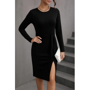 Kadın Uzun Kollu Bisiklet Yaka Kuşaklı Kruvaze Yırtmaç Detay Viskon Elbise